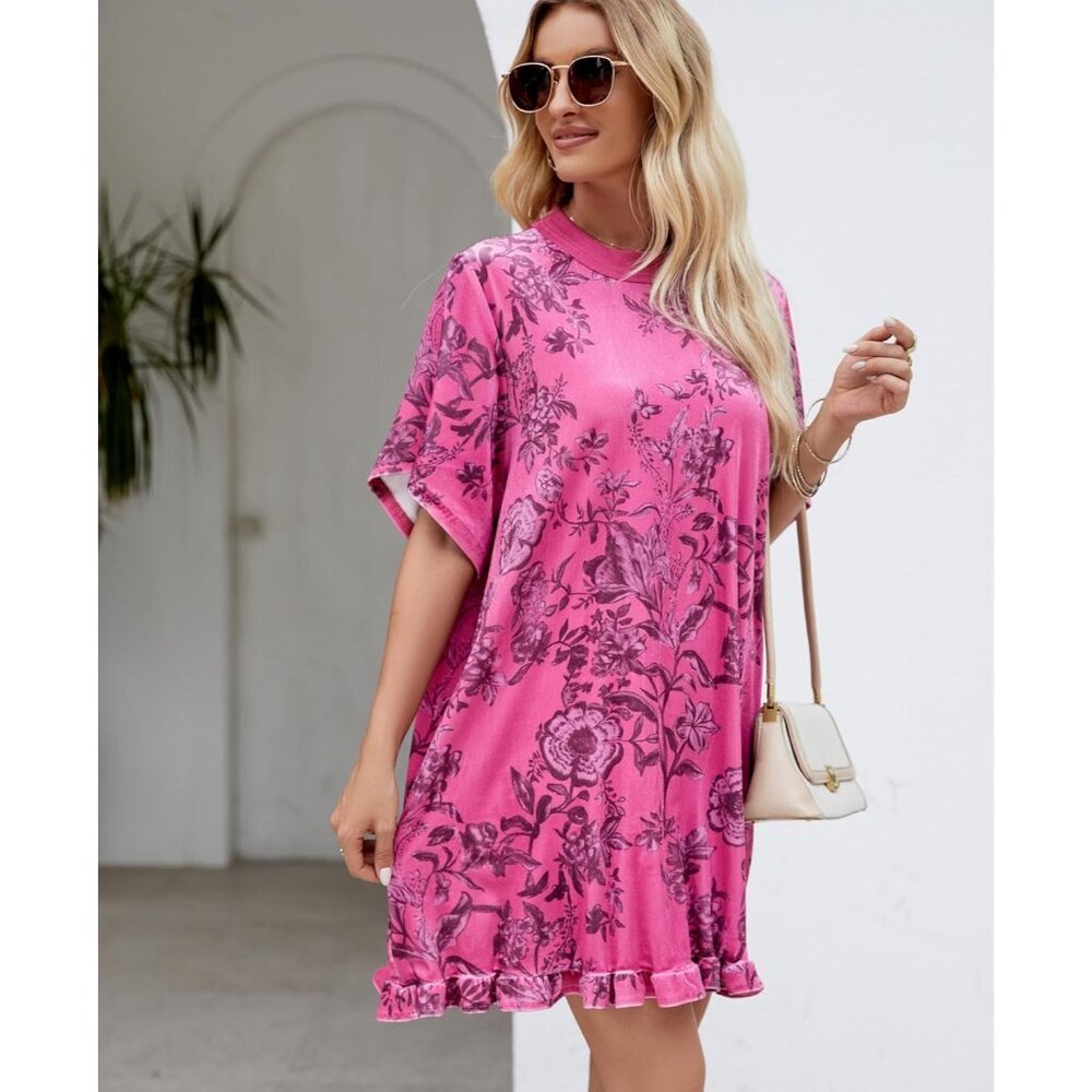 Women's Rose Vintage Velvet Dress Mini Floral Printed Short Sleeve - Picture 6 of 7